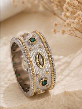 Two-Tone Silver and Gold Band Ring with Emerald Accents